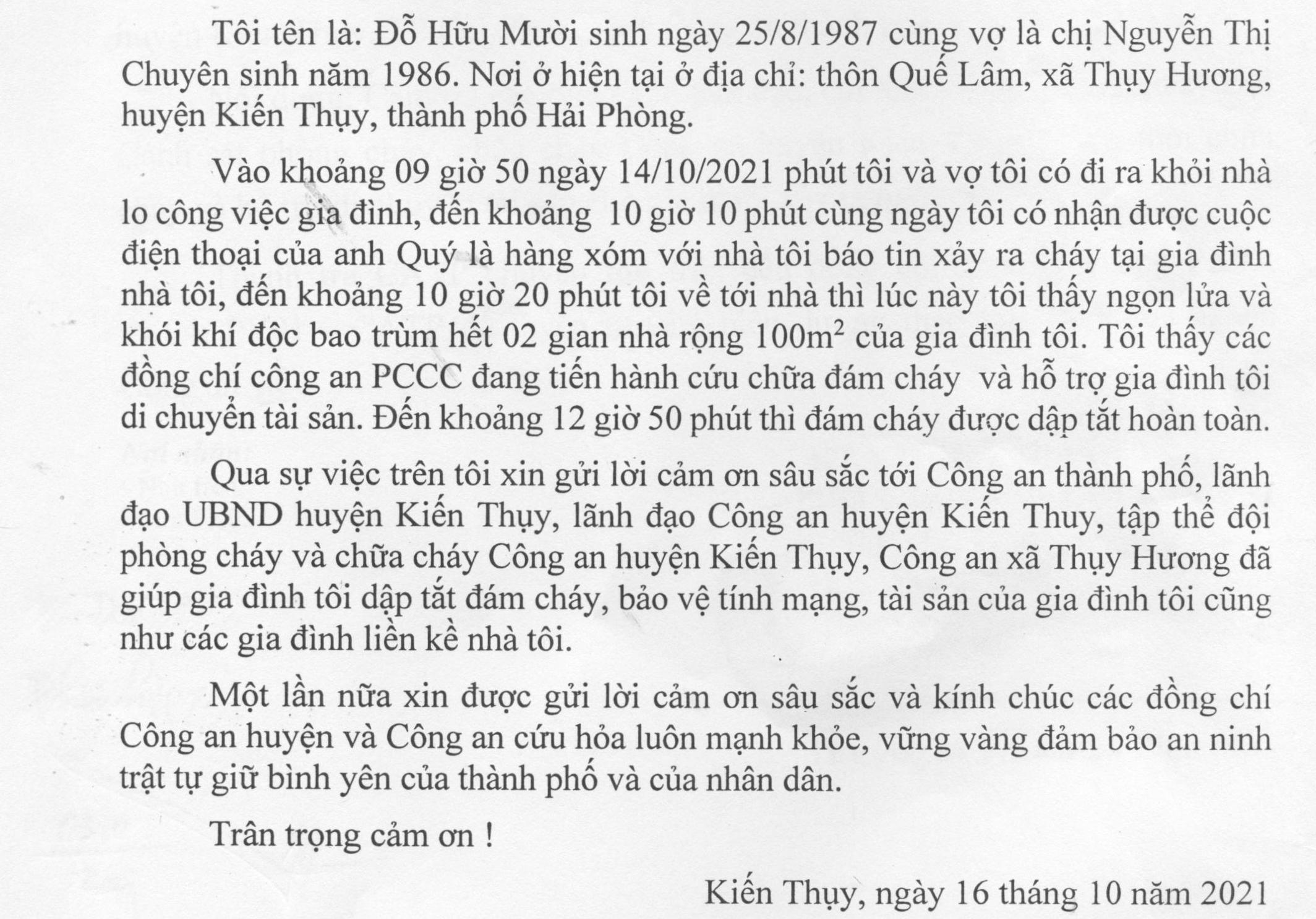 Người dân xã Thụy Hương (huyện Kiến Thụy) gửi thư cảm ơn